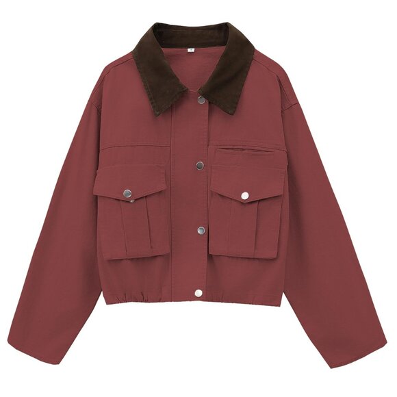 Cropped Utility Jacket Contrast Collar Lightweight Cargo Barn Coat Chic
